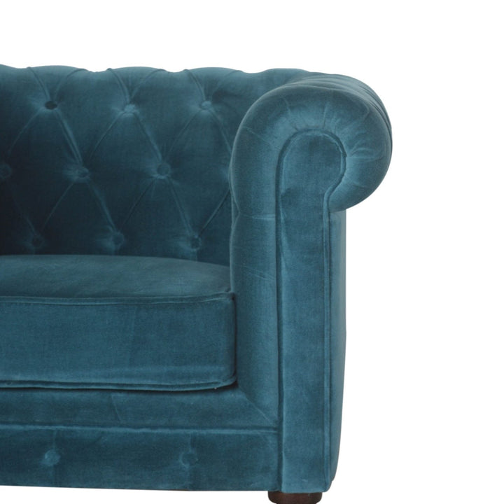 Teal Velvet Chesterfield Armchair - Solid Mango Wood Accent Chair for Living Room - product view 3 showing handcrafted...