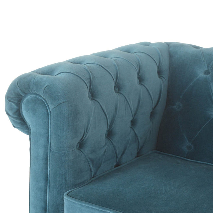 Teal Velvet Chesterfield Armchair - Solid Mango Wood Accent Chair for Living Room - product view 4 showing handcrafted...