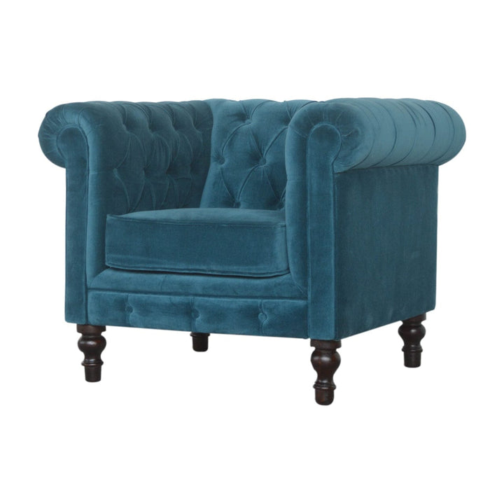 Teal Velvet Chesterfield Armchair - Solid Mango Wood Accent Chair for Living Room - product view 2 showing handcrafted...