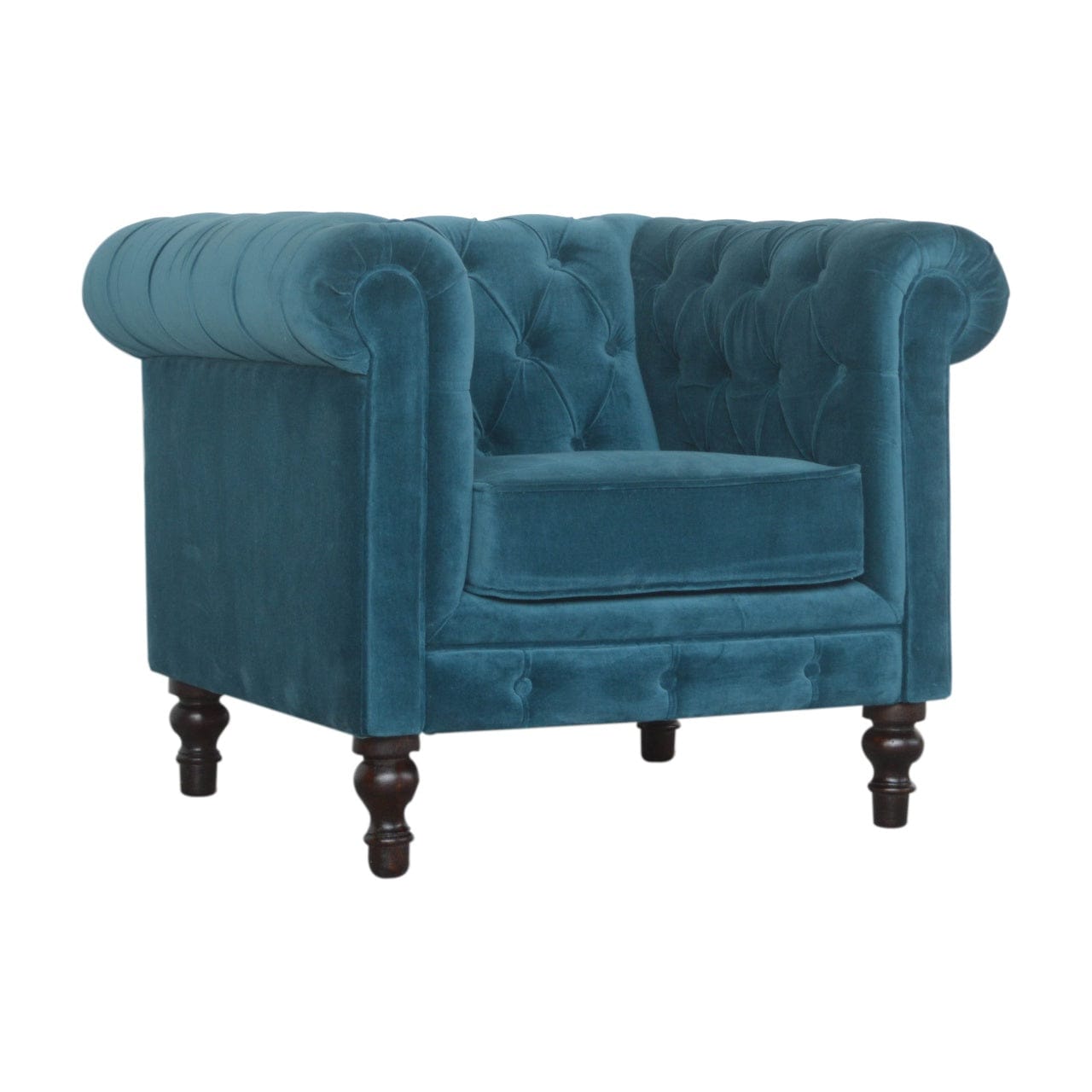 Teal Velvet Chesterfield Armchair - Solid Mango Wood Accent Chair for Living Room - main view showing handcrafted solid...