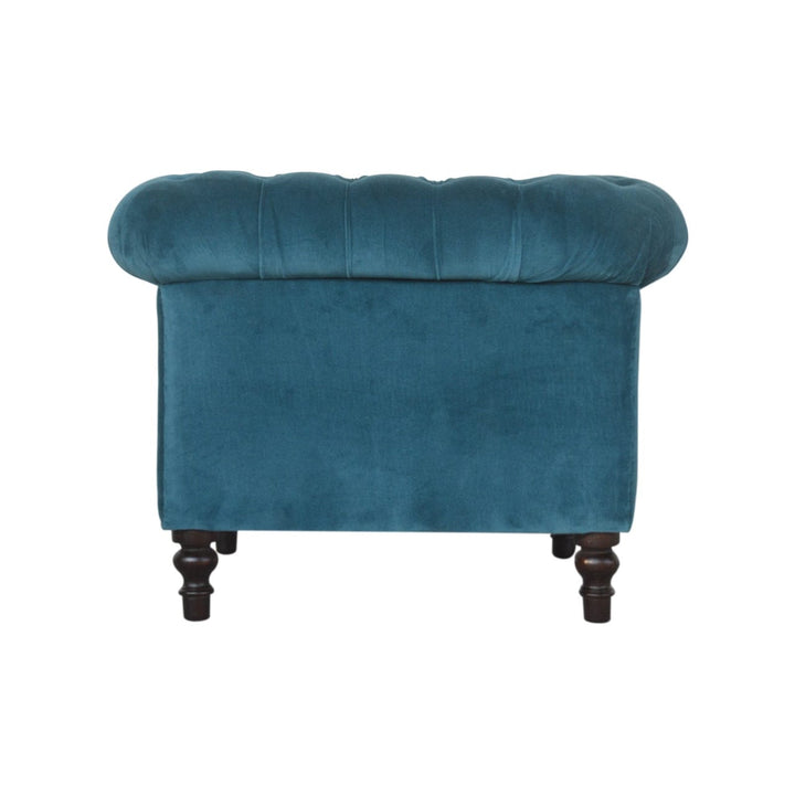 Teal Velvet Chesterfield Armchair - Solid Mango Wood Accent Chair for Living Room - product view 7 showing handcrafted...