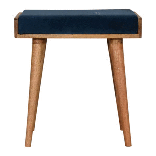 Teal Velvet Tray Style Footstool - Solid Mango Wood Accent Stool for Living Room - product view 7 showing handcrafted...