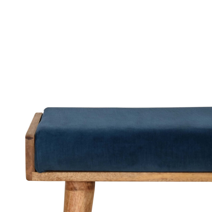 Teal Velvet Tray Style Footstool - Solid Mango Wood Accent Stool for Living Room - product view 3 showing handcrafted...