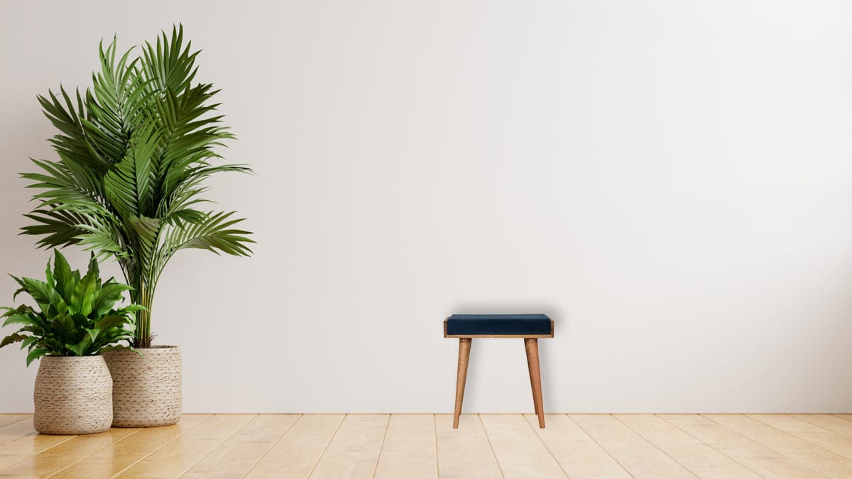 Teal Velvet Tray Style Footstool - Solid Mango Wood Accent Stool for Living Room - product view 8 showing handcrafted...