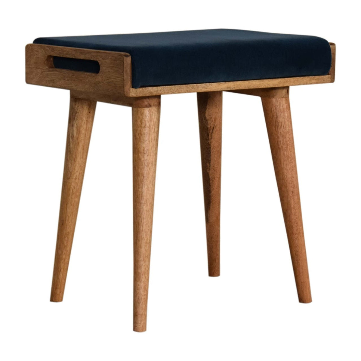 Teal Velvet Tray Style Footstool - Solid Mango Wood Accent Stool for Living Room - main view showing handcrafted solid...