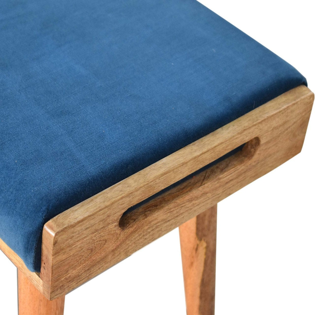 Teal Velvet Tray Style Footstool - Solid Mango Wood Accent Stool for Living Room - product view 4 showing handcrafted...
