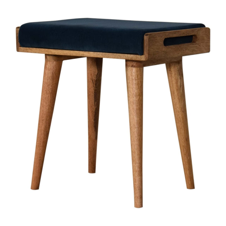 Teal Velvet Tray Style Footstool - Solid Mango Wood Accent Stool for Living Room - product view 2 showing handcrafted...