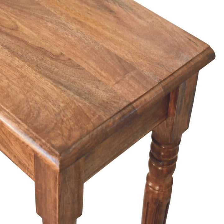 Honey Caramel Console Table with Turned Legs in Solid Mango Wood - product view 4 showing handcrafted solid mango wood...