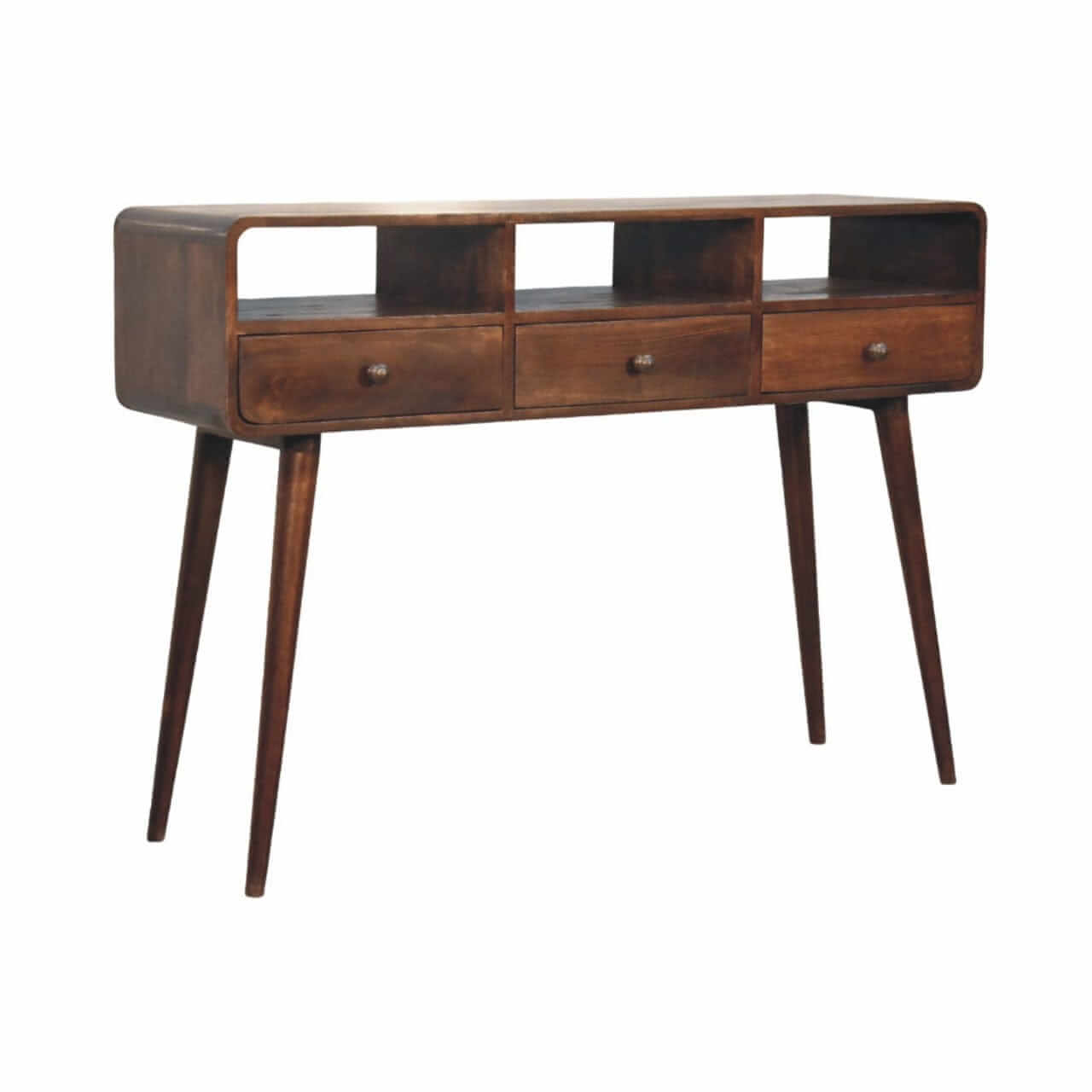 Elegant mid-century three drawer console table in rich California Walnut finish with tapered legs.