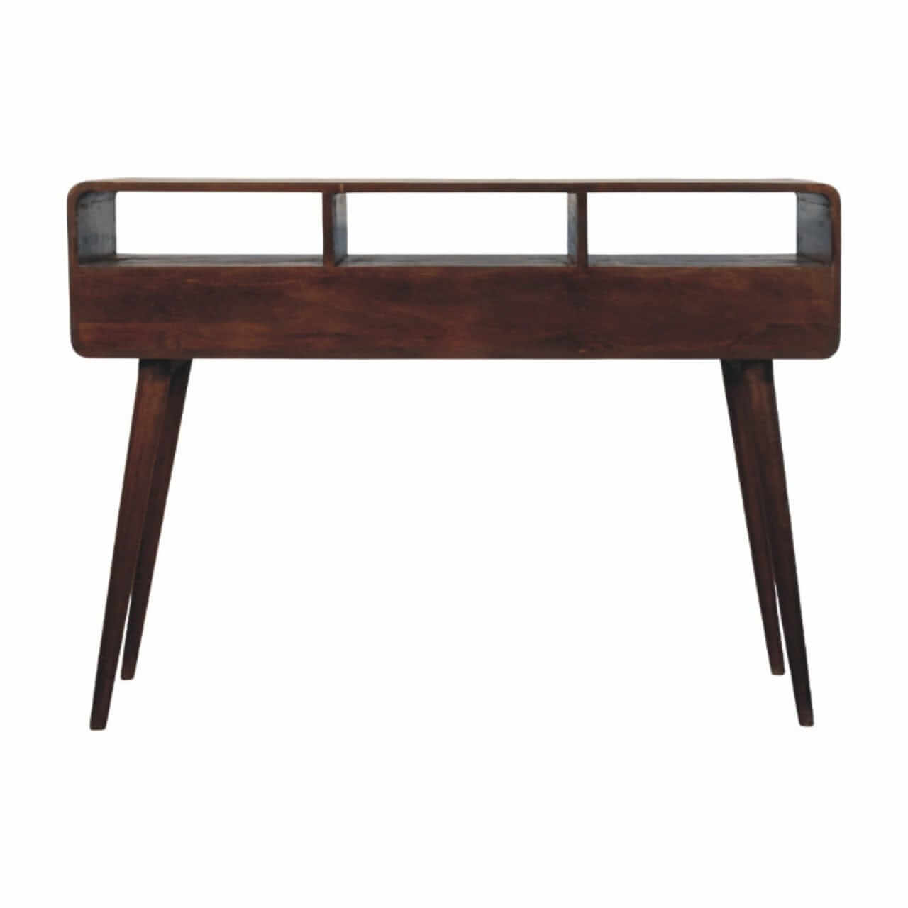 Mid-century three drawer console table made of solid mango wood with rich California Walnut finish and tapered legs.