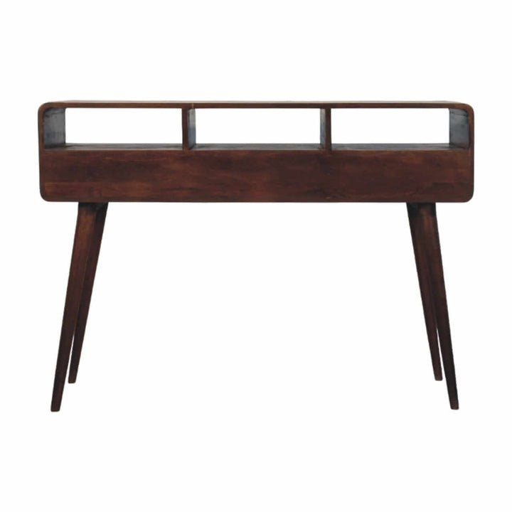 Mid-century three drawer console table made of solid mango wood with rich California Walnut finish and tapered legs.