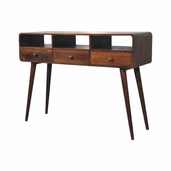 mid-century three drawer console table with open shelves and tapered legs, crafted from solid mango wood.
