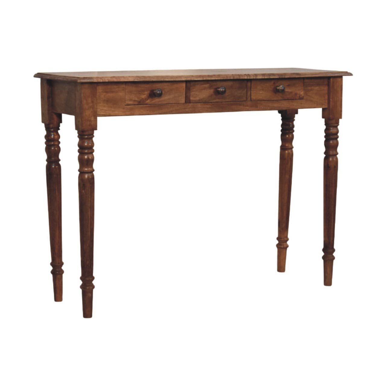 Honey Caramel Console Table with Turned Legs in Solid Mango Wood - product view 2 showing handcrafted solid mango wood...
