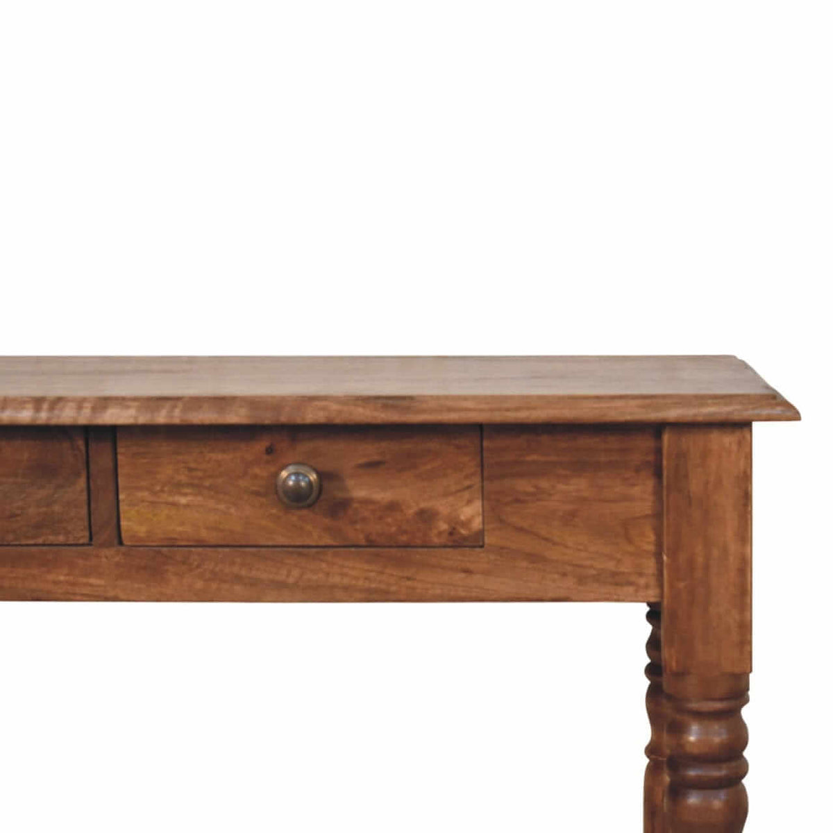 Honey Caramel Console Table with Turned Legs in Solid Mango Wood - product view 3 showing handcrafted solid mango wood...