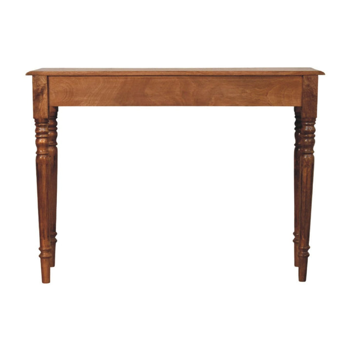 Honey Caramel Console Table with Turned Legs in Solid Mango Wood - product view 7 showing handcrafted solid mango wood...