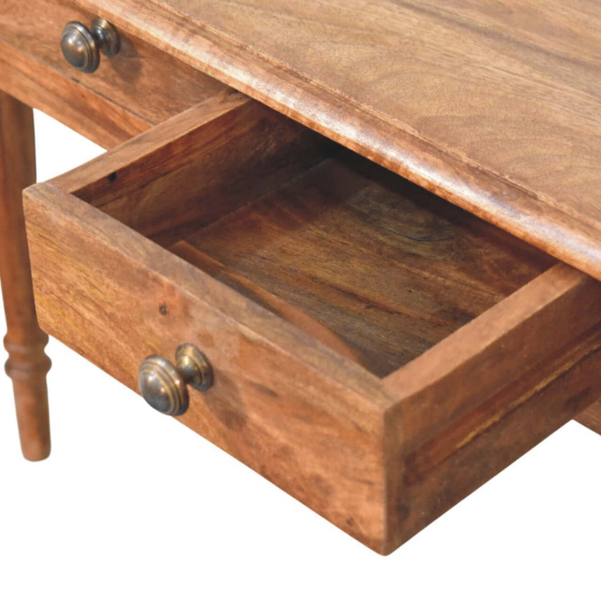 Honey Caramel Console Table with Turned Legs in Solid Mango Wood - product view 5 showing handcrafted solid mango wood...