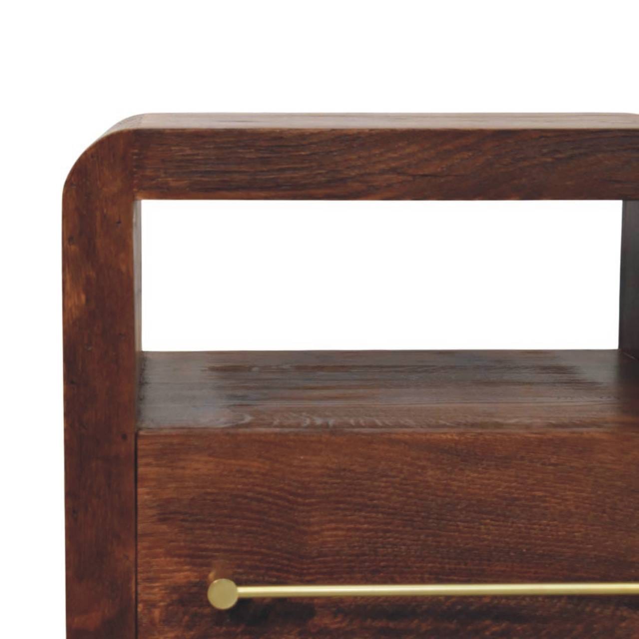Tiger Oak Open Nightstand - Solid Mango Wood Bedside Table for Bedroom - product view 4 showing handcrafted solid mango...
