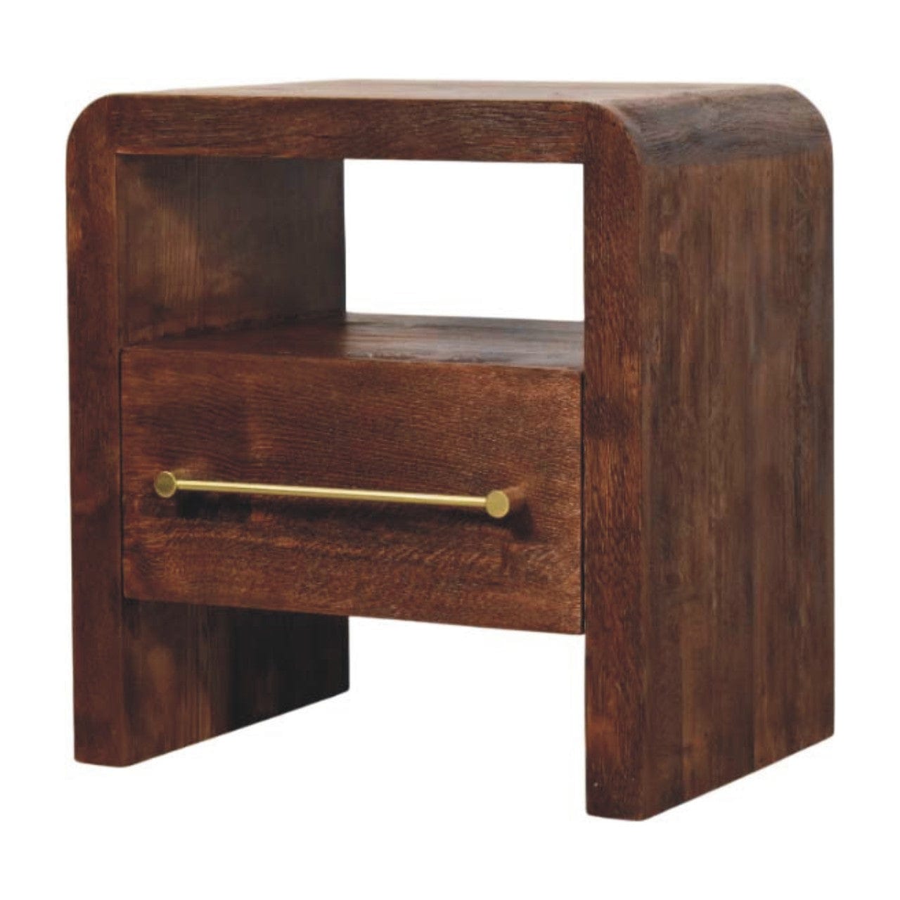 Tiger Oak Open Nightstand - Solid Mango Wood Bedside Table for Bedroom - product view 3 showing handcrafted solid mango...