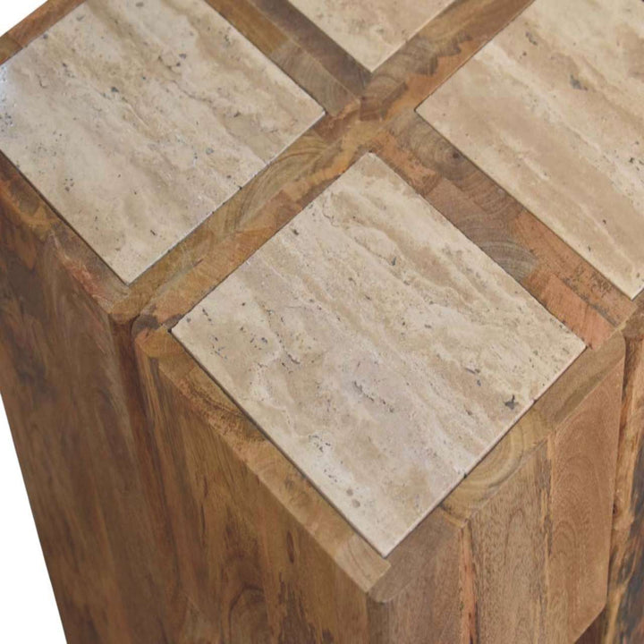 Oakish Travertine Top Block Side Table in Solid Mango Wood - product view 4 showing handcrafted solid mango wood side table