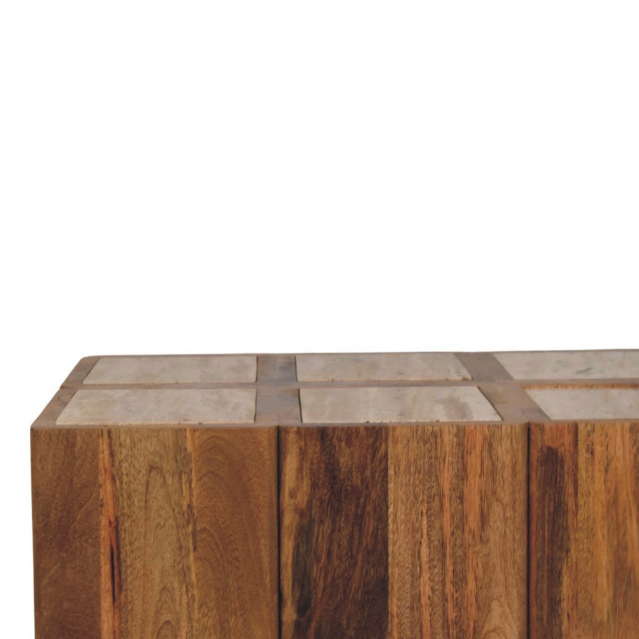 Oakish Travertine Top Block Side Table in Solid Mango Wood - product view 3 showing handcrafted solid mango wood side table