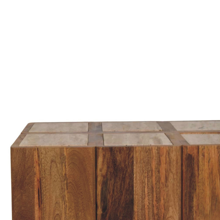 Oakish Travertine Top Block Side Table in Solid Mango Wood - product view 3 showing handcrafted solid mango wood side table
