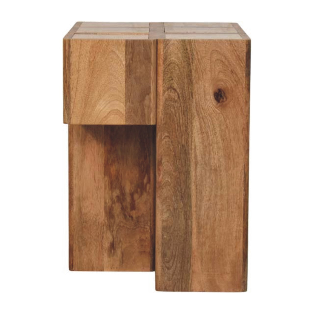Oakish Travertine Top Block Side Table in Solid Mango Wood - product view 7 showing handcrafted solid mango wood side table