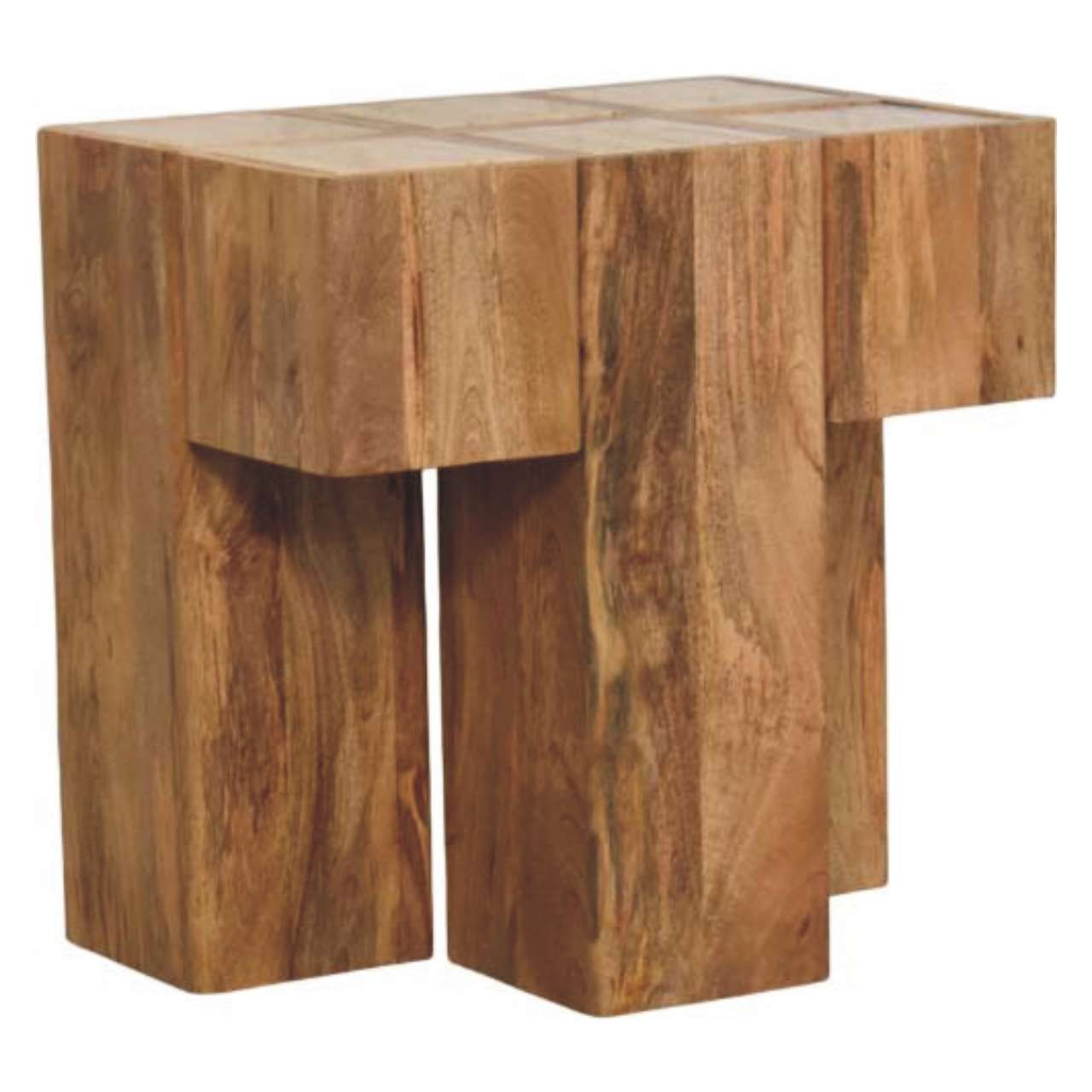 Oakish Travertine Top Block Side Table in Solid Mango Wood - product view 2 showing handcrafted solid mango wood side table