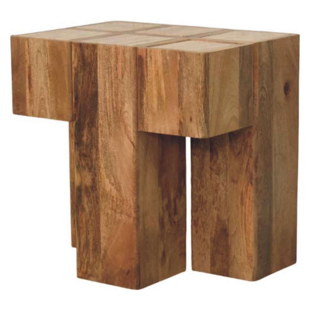 Oakish Travertine Top Block Side Table in Solid Mango Wood - main view showing handcrafted solid mango wood side table