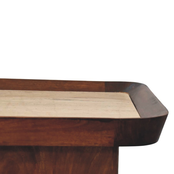 Chestnut Travertine Top Tray Coffee Table in Solid Mango Wood - product view 3 showing handcrafted solid mango wood...