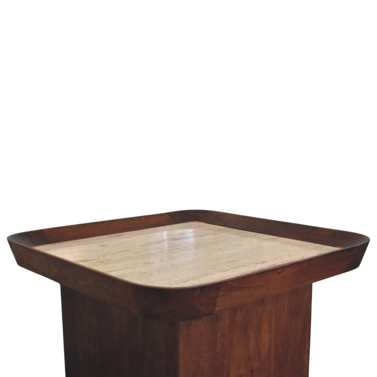 Chestnut Travertine Top Tray Coffee Table in Solid Mango Wood - product view 4 showing handcrafted solid mango wood...