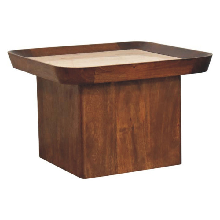 Chestnut Travertine Top Tray Coffee Table in Solid Mango Wood - product view 2 showing handcrafted solid mango wood...