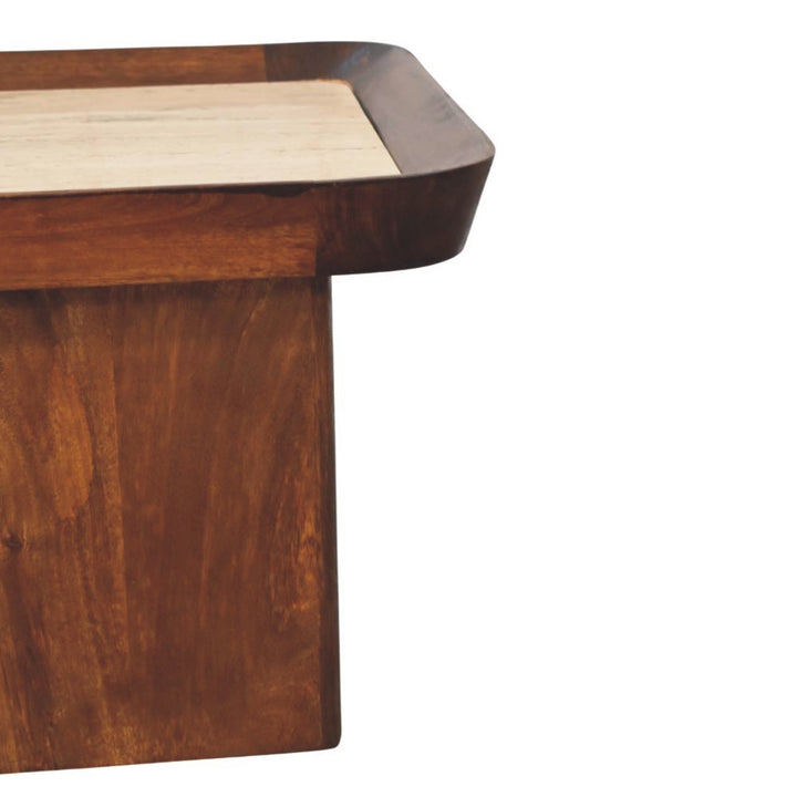 Chestnut Travertine Top Tray Coffee Table in Solid Mango Wood - product view 6 showing handcrafted solid mango wood...