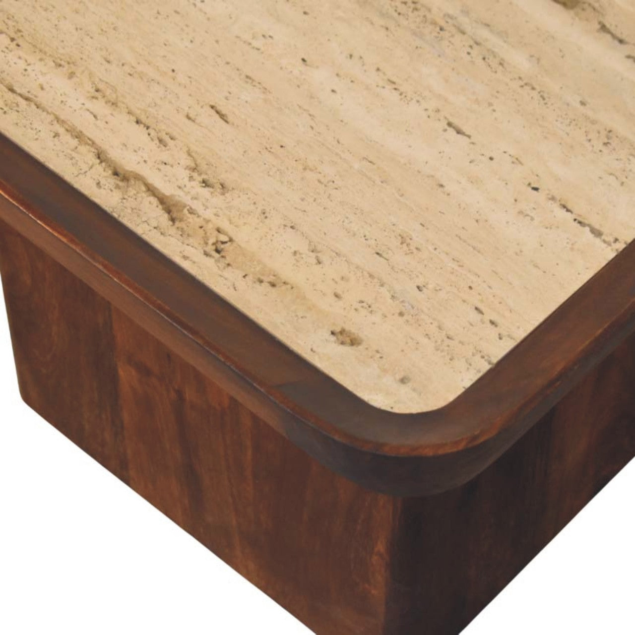Chestnut Travertine Top Tray Coffee Table in Solid Mango Wood - product view 5 showing handcrafted solid mango wood...