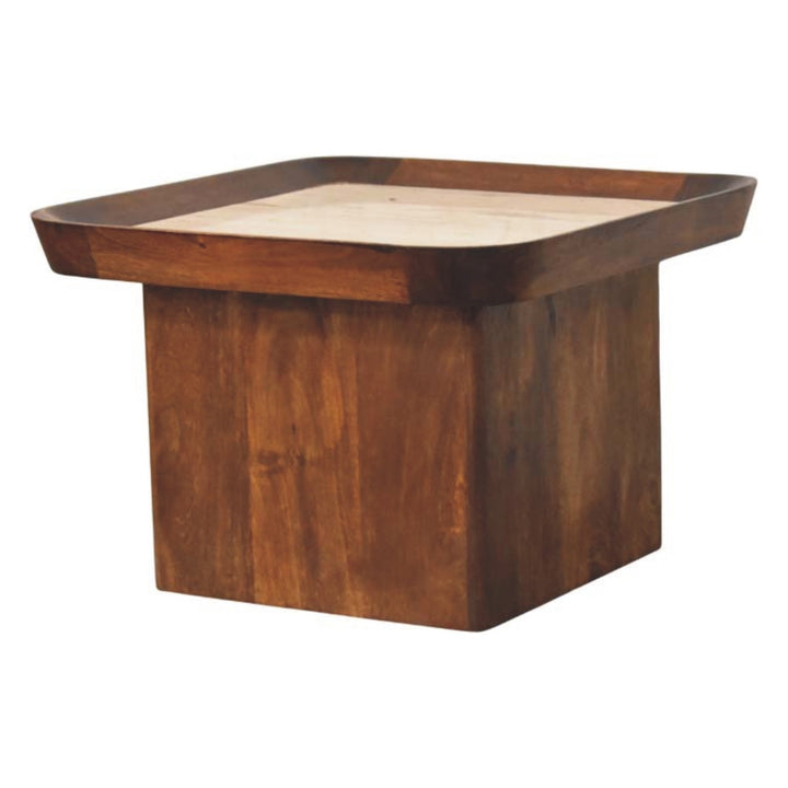 Chestnut Travertine Top Tray Coffee Table in Solid Mango Wood - main view showing handcrafted solid mango wood coffee table