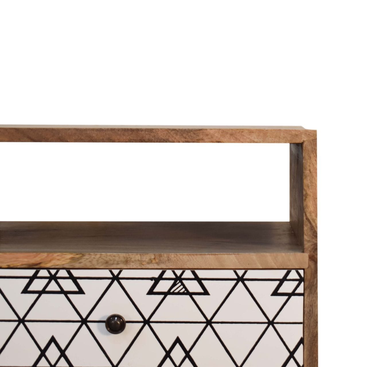 Triangle Print Open Nightstand - Solid Mango Wood Bedside Table for Bedroom - product view 3 showing handcrafted solid...