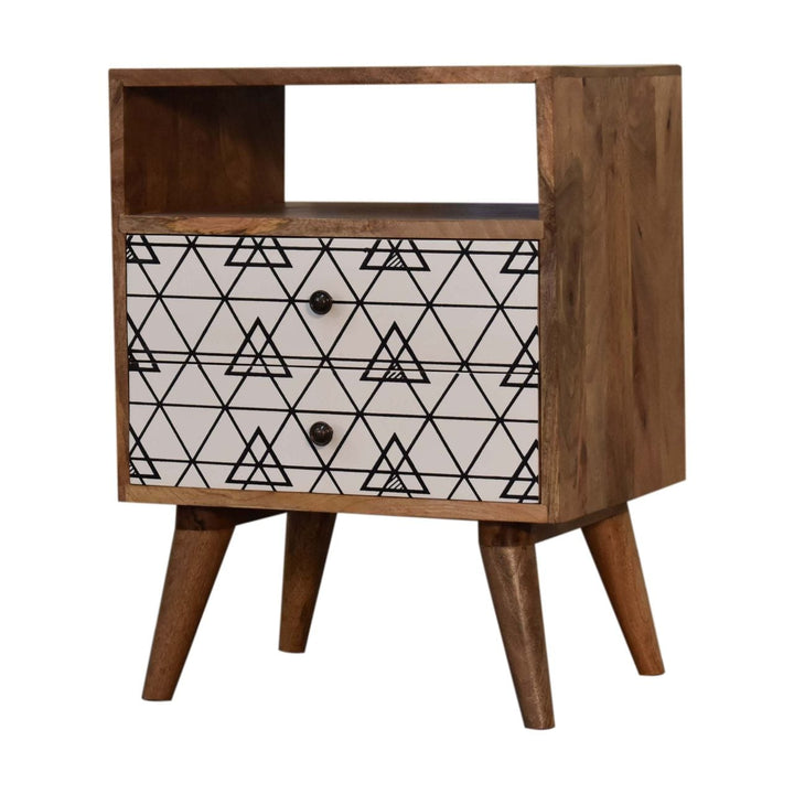 Triangle Print Open Nightstand - Solid Mango Wood Bedside Table for Bedroom - product view 2 showing handcrafted solid...