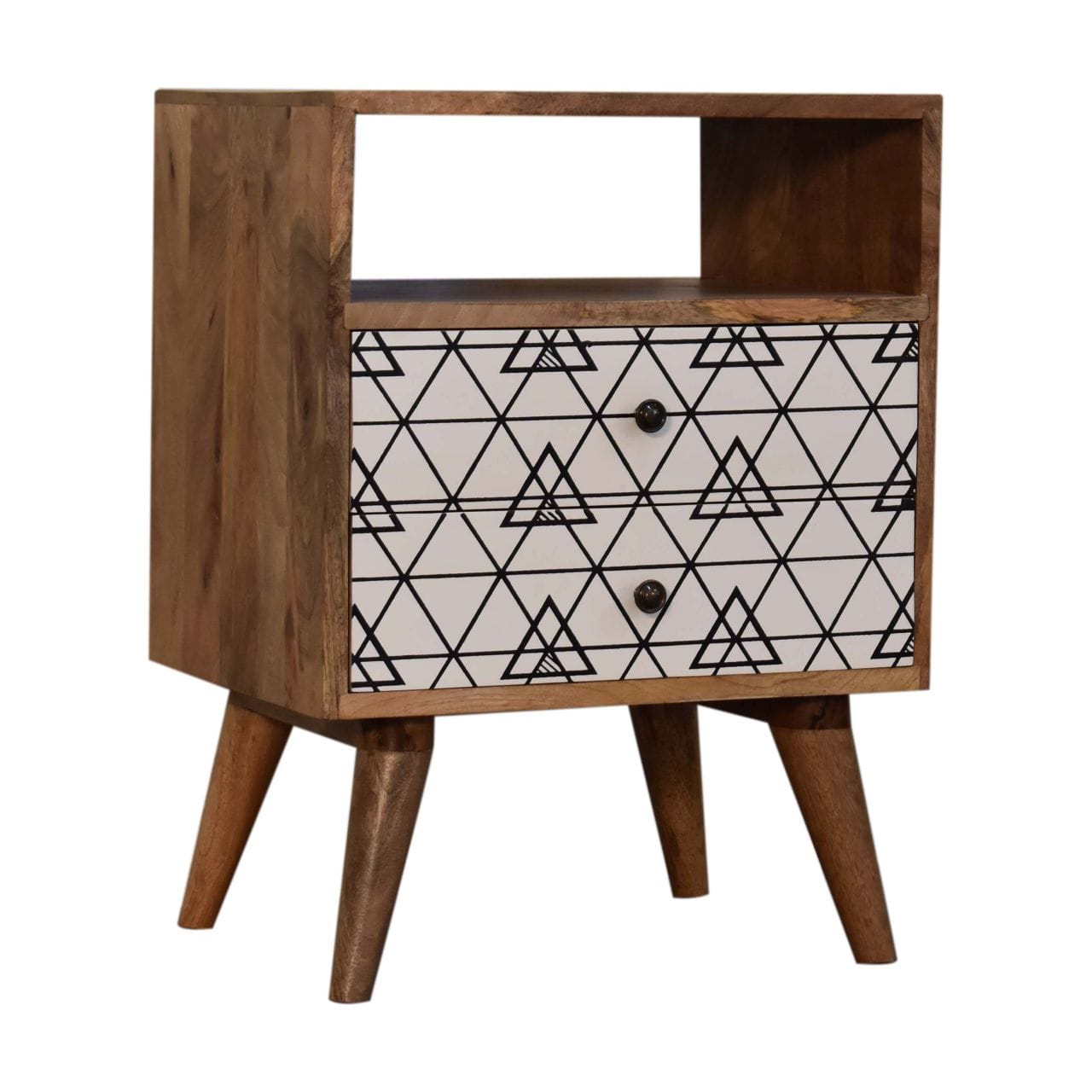 Triangle Print Open Nightstand - Solid Mango Wood Bedside Table for Bedroom - main view showing handcrafted solid mango...