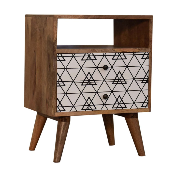 Triangle Print Open Nightstand - Solid Mango Wood Bedside Table for Bedroom - main view showing handcrafted solid mango...