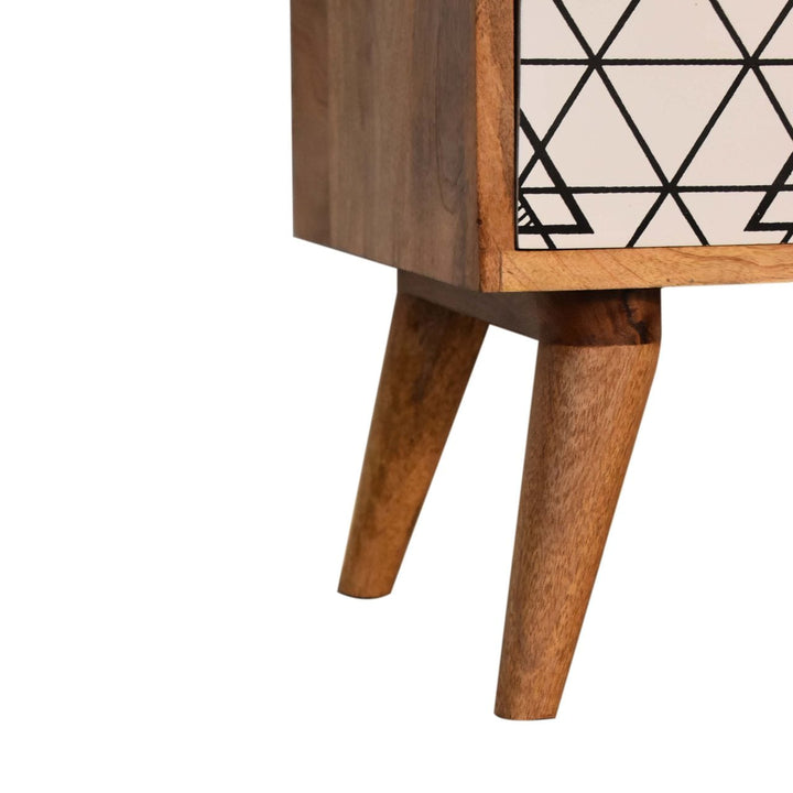 Triangle Print Open Nightstand - Solid Mango Wood Bedside Table for Bedroom - product view 4 showing handcrafted solid...