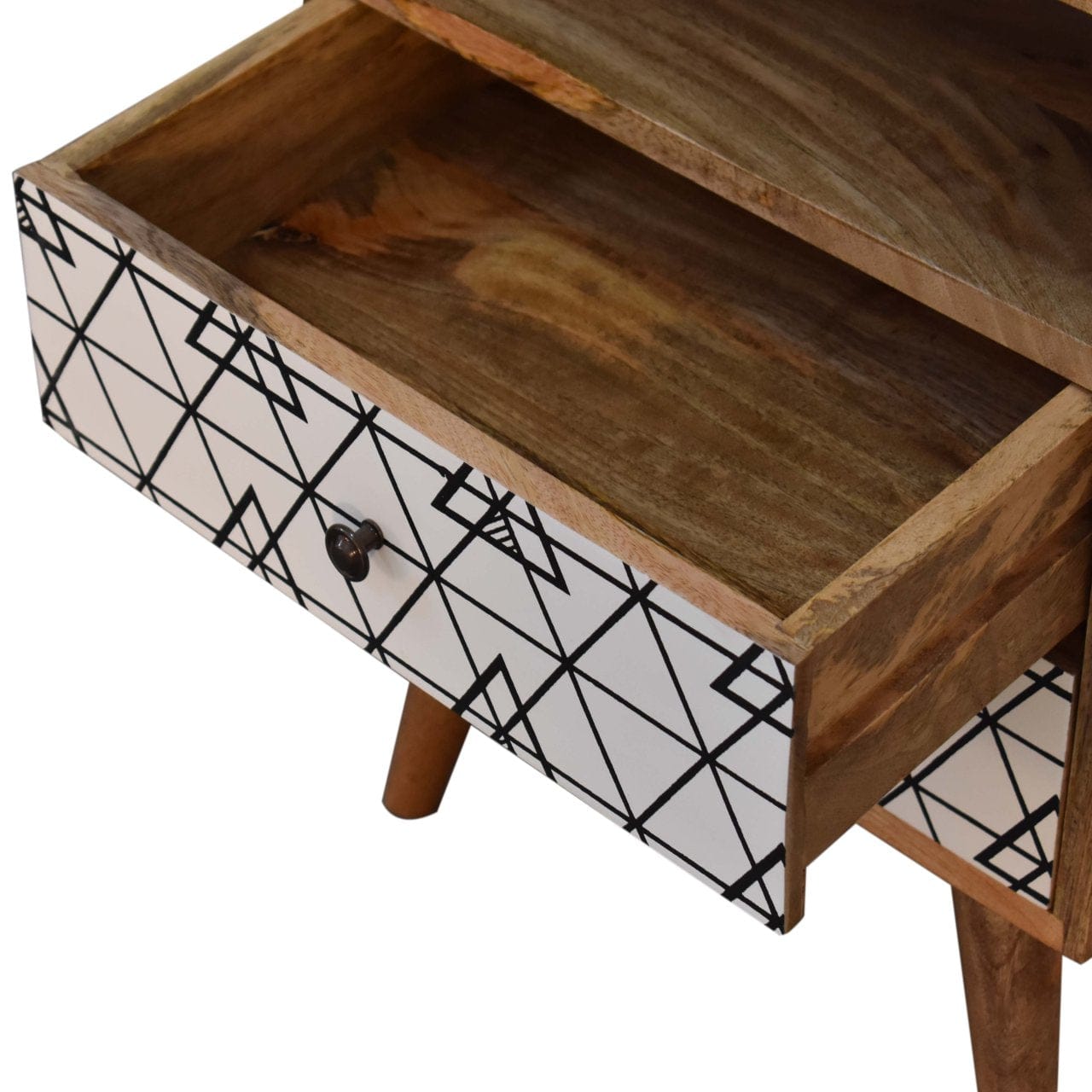 Triangle Print Open Nightstand - Solid Mango Wood Bedside Table for Bedroom - product view 6 showing handcrafted solid...
