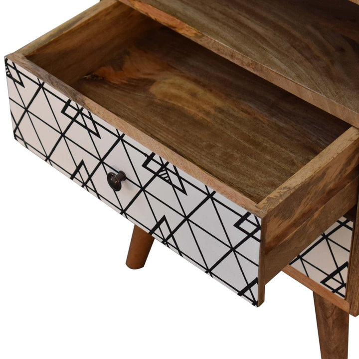 Triangle Print Open Nightstand - Solid Mango Wood Bedside Table for Bedroom - product view 6 showing handcrafted solid...