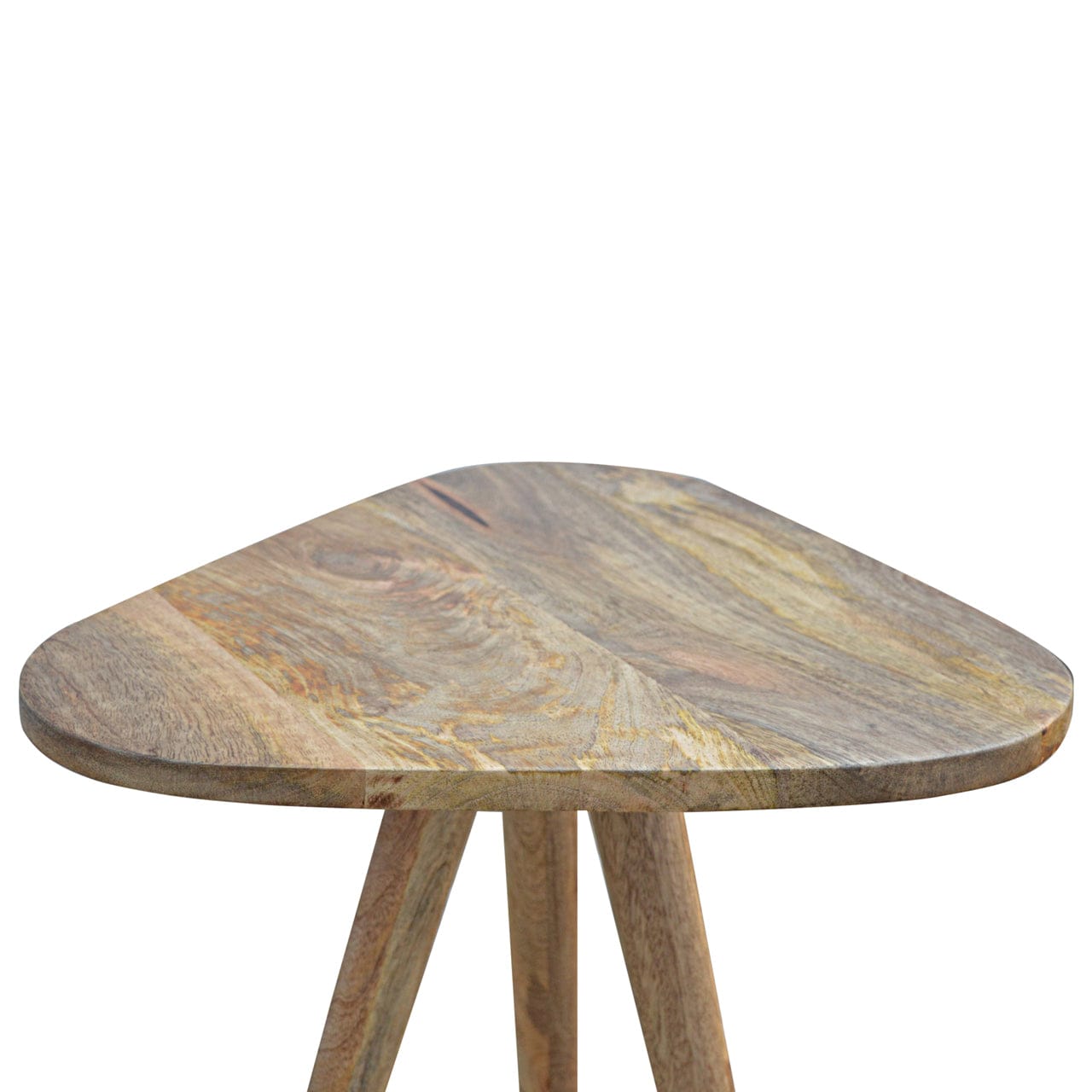 Triangular Accent Tripod Stool - Solid Mango Wood Accent Seating - product view 5 showing handcrafted solid mango wood stool