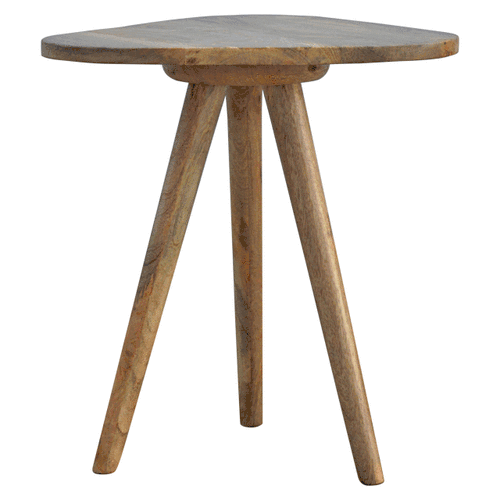 Triangular Accent Tripod Stool - Solid Mango Wood Accent Seating - product view 2 showing handcrafted solid mango wood stool