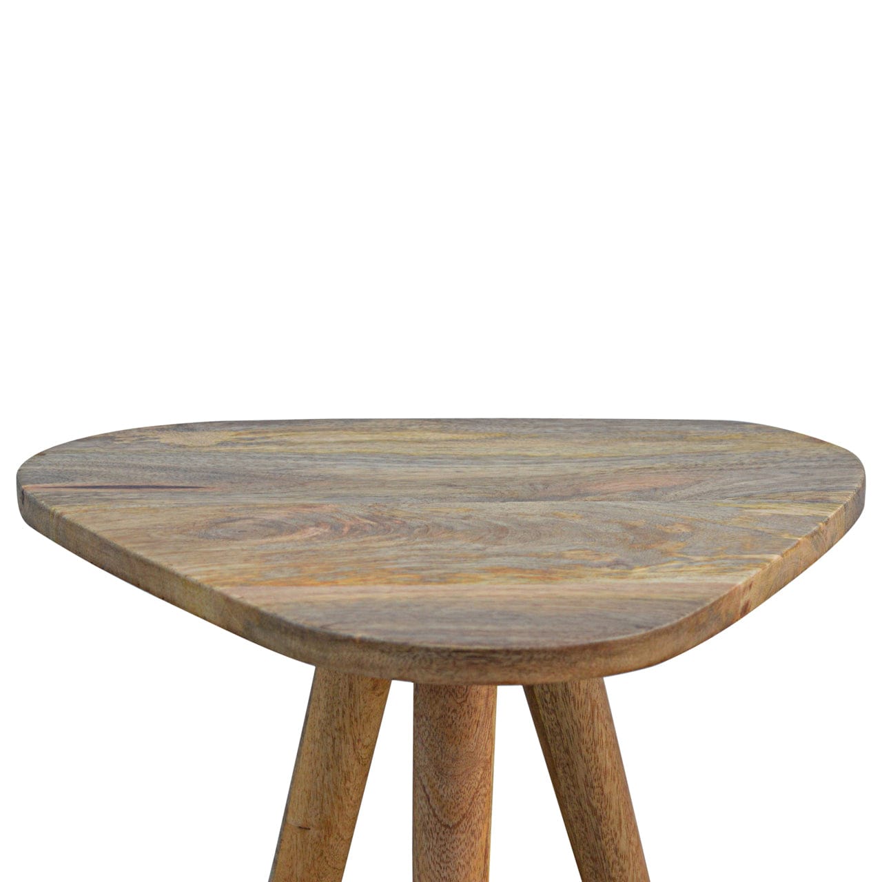 Triangular Accent Tripod Stool - Solid Mango Wood Accent Seating - product view 6 showing handcrafted solid mango wood stool