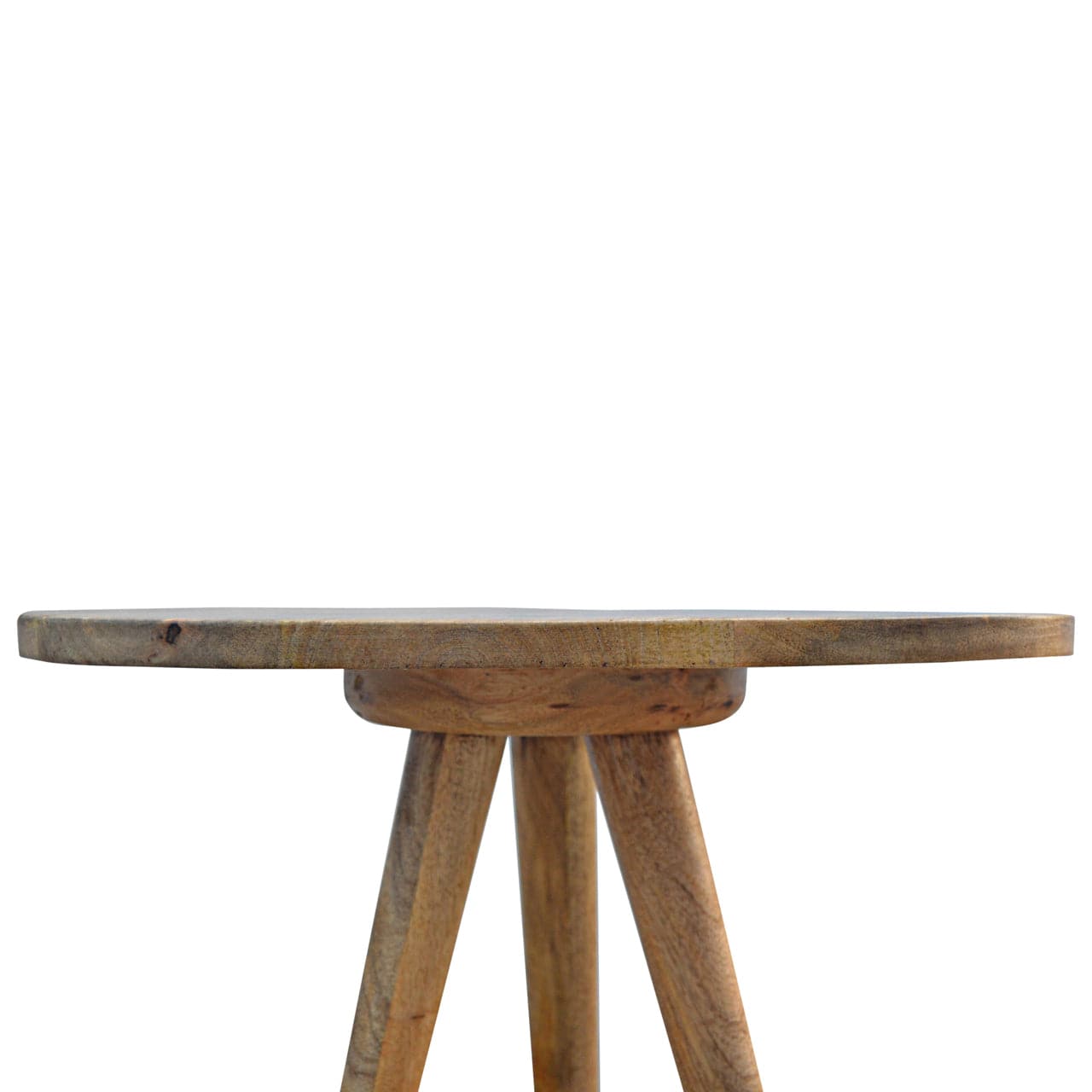 Triangular Accent Tripod Stool - Solid Mango Wood Accent Seating - product view 3 showing handcrafted solid mango wood stool