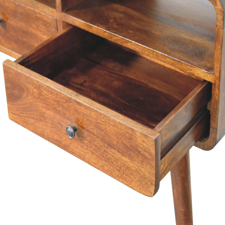 Triple Curved Chestnut Console Table - Solid Mango Wood Hallway Console for Entryway - product view 7 showing handcrafted...