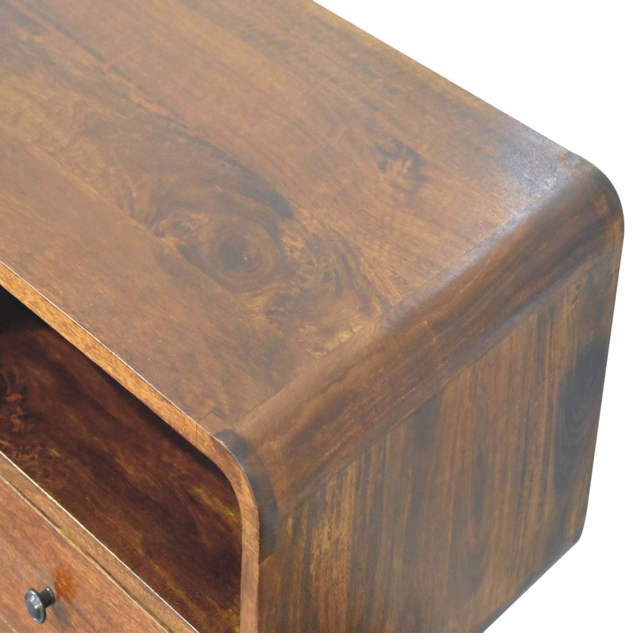 Triple Curved Chestnut Console Table - Solid Mango Wood Hallway Console for Entryway - product view 6 showing handcrafted...