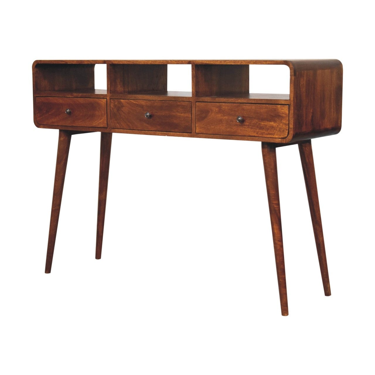 Triple Curved Chestnut Console Table - Solid Mango Wood Hallway Console for Entryway - product view 4 showing handcrafted...