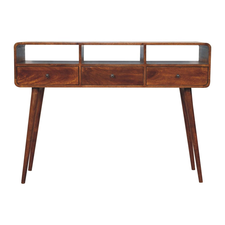 Triple Curved Chestnut Console Table - Solid Mango Wood Hallway Console for Entryway - product view 2 showing handcrafted...