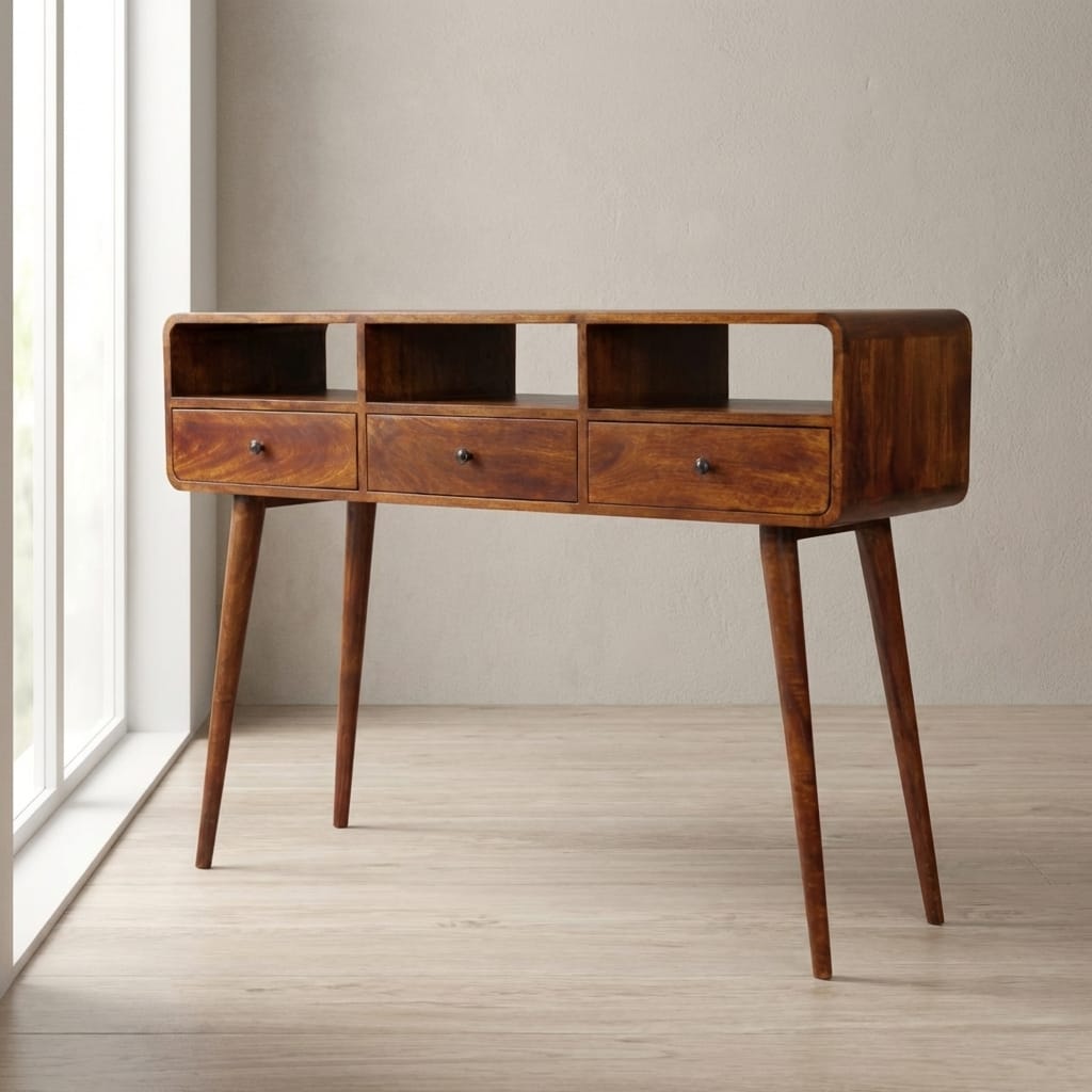 Triple Curved Chestnut Console Table - Solid Mango Wood Hallway Console for Entryway - main view showing handcrafted...